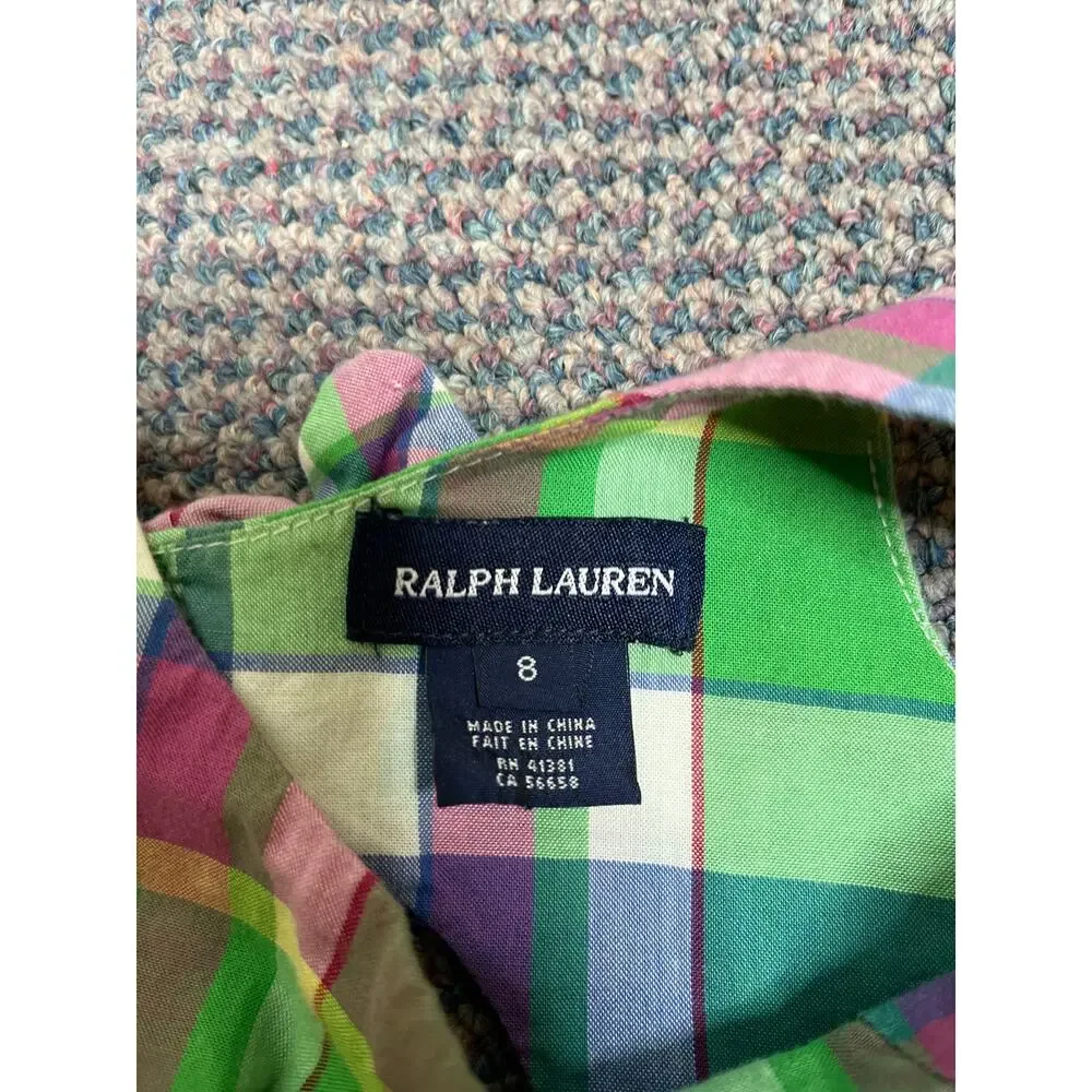 Ralph Lauren Girls Plaid Pleated Ruffle Sundress Purple Green 8